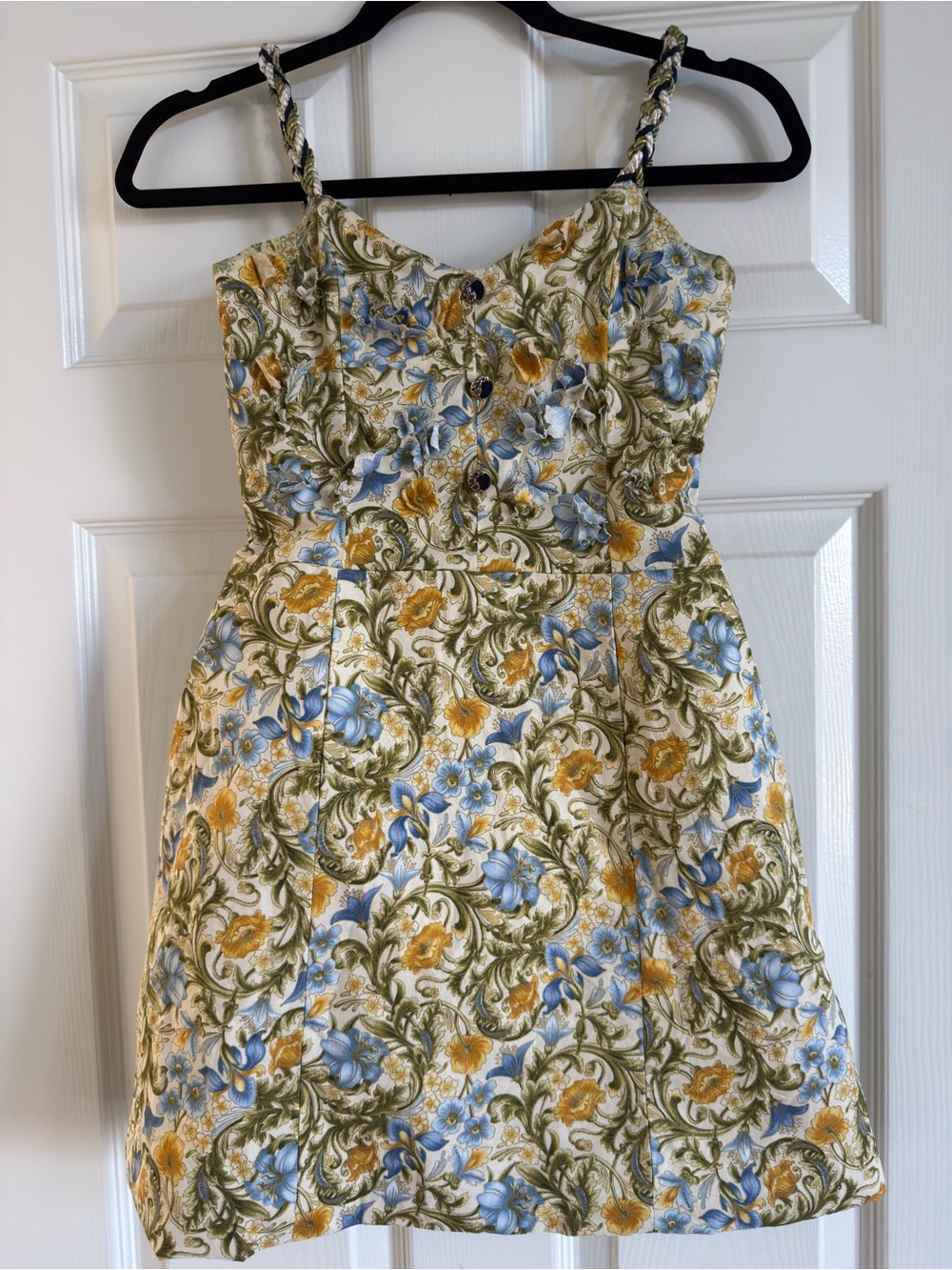 Custom Designer Floral Print Spaghetti Strap Dress in Blue, Yellow & Green